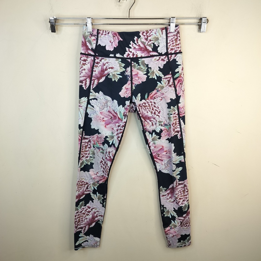 Athleta Floral 7/8 Leggings Womens Small Yoga Activewear Navy Pink